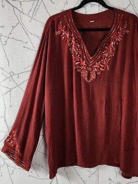 Gypsy Rose Red Crinkle Floral Embroidered V-Neck Bohemian Top